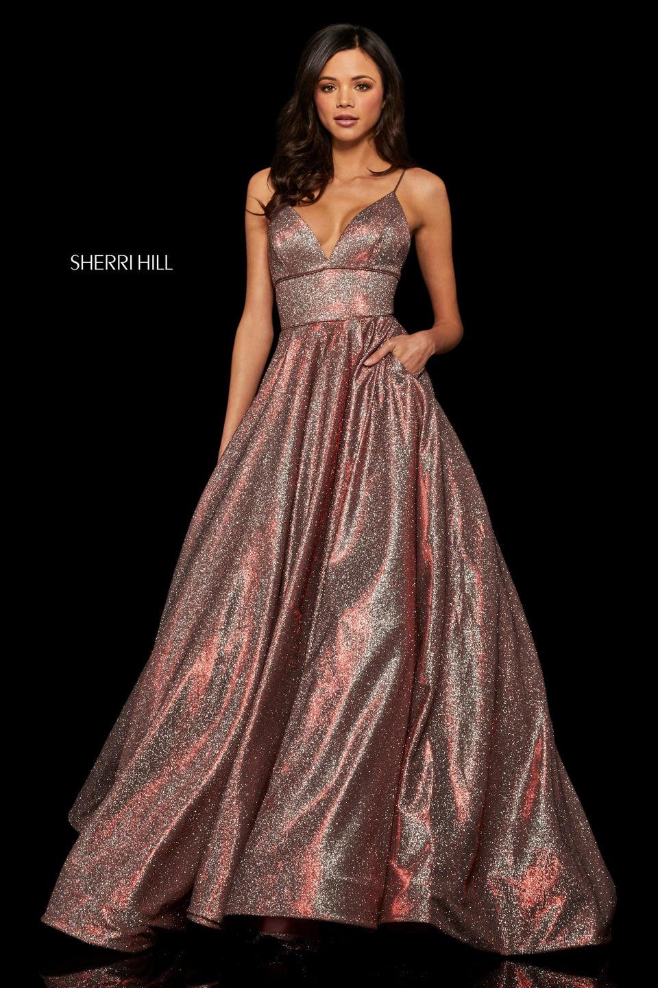 Sherri Hill Glitter Ball Gown With Deep V Sweetheart Neckline