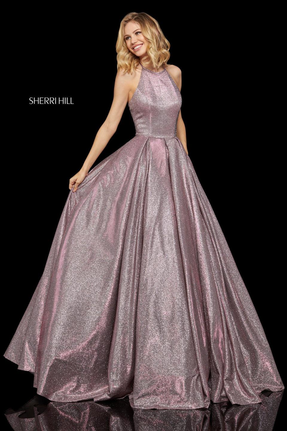 Sherri Hill Glitter Ball Gown With High Cut Halter Neckline