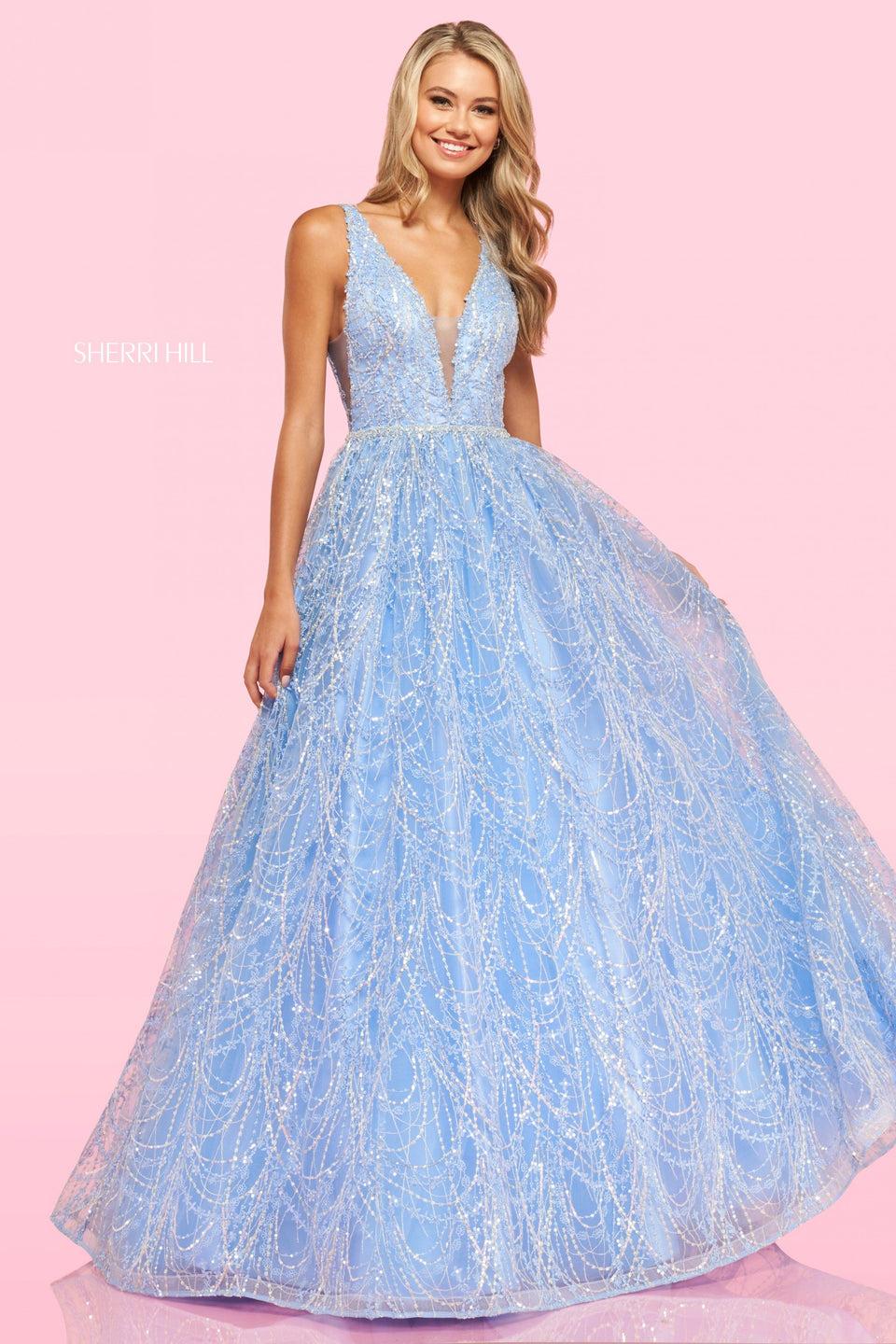 sherri hill Glitter ballgown with deep v-cut and sheer sides