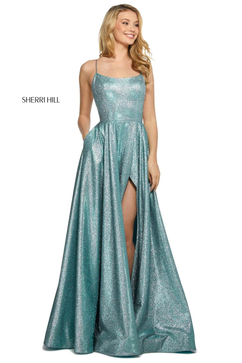 Sherri Hill Glitter Gown With Strappy Lace Up Back And High Skirt Slit