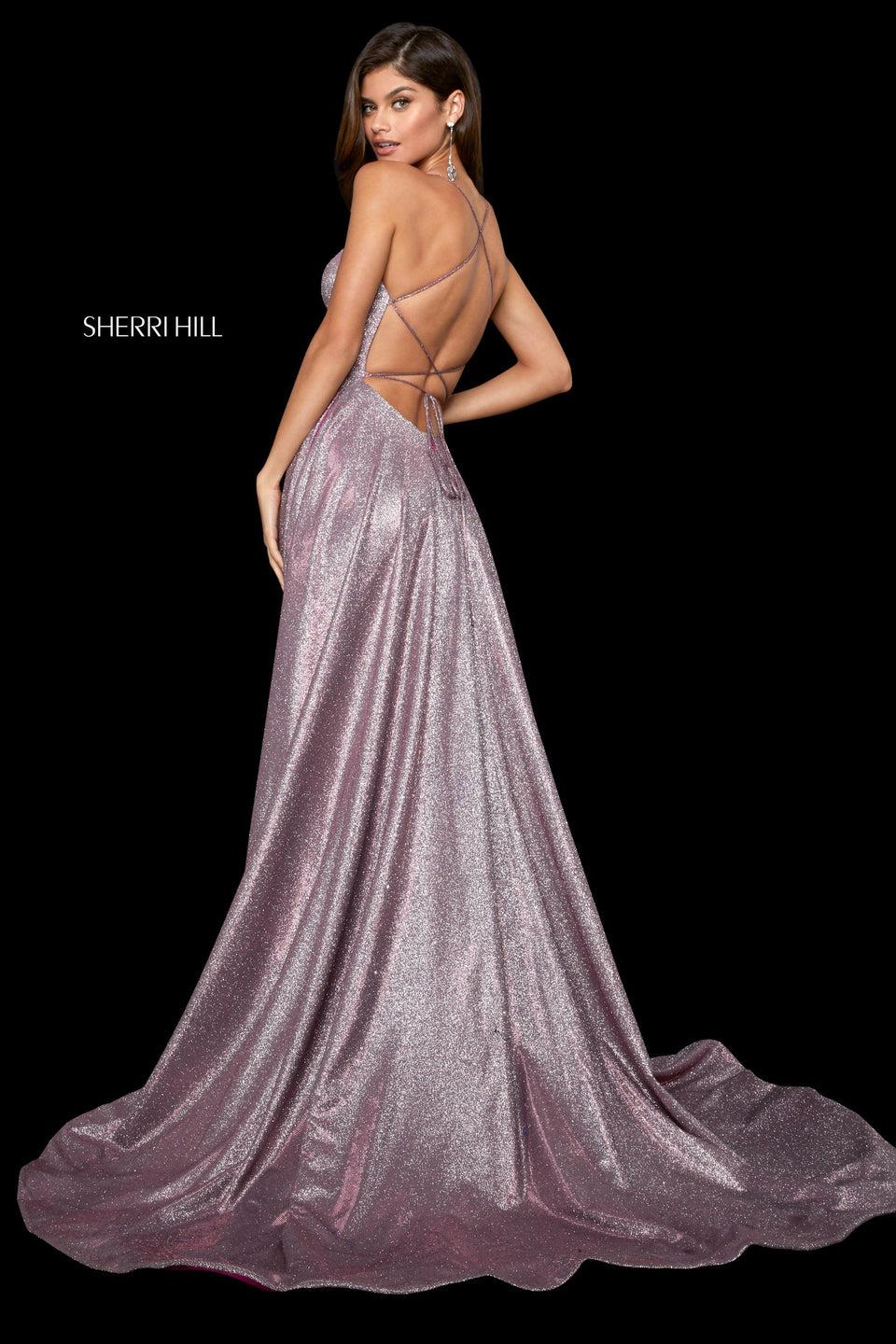 sherri hill Glitter gown with strappy lace up back and high skirt slit