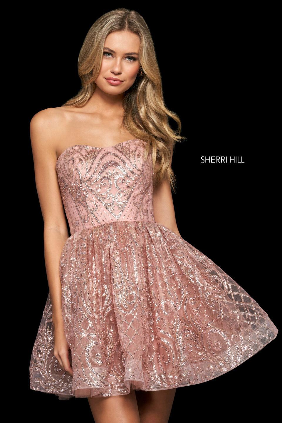 sherri hill Glitter organza A-line cocktail dress with strapless neckline and lace up back