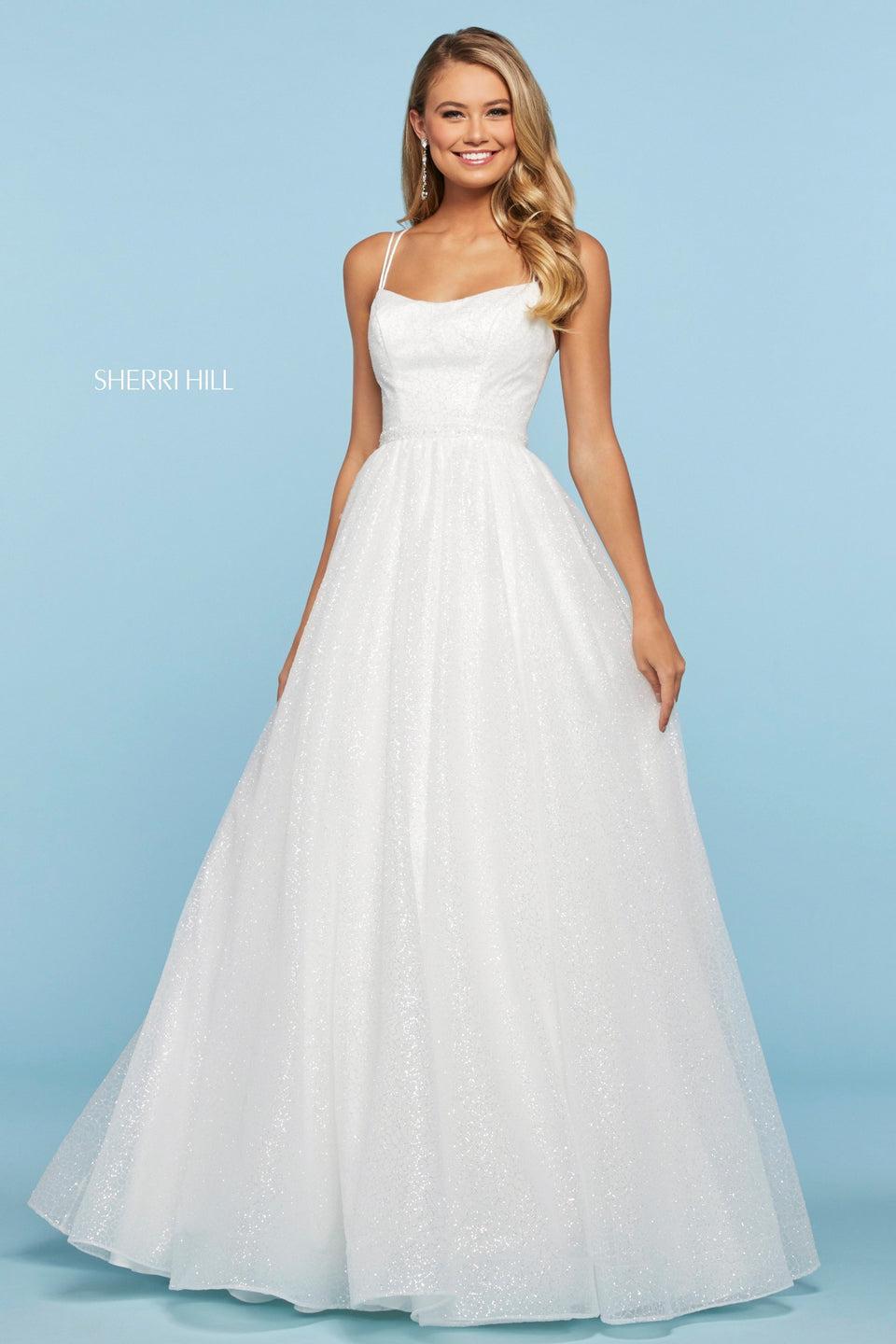 Sherri Hill Glitter Organza A-line Gown With Strappy Lace Up Back