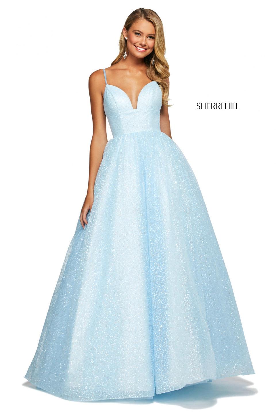 sherri hill Glitter organza ball gown with deep sweetheart neckline and corset style lace up back