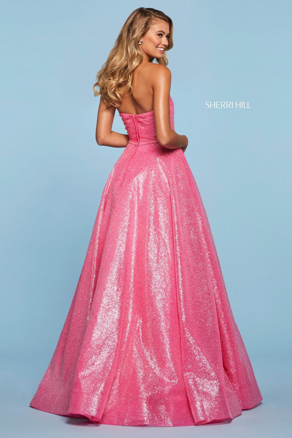 Sherri Hill Glitter Organza Ball Gown With Ruched Bodice With Strapless Sweetheart Neckline And Thin Beaded Belt