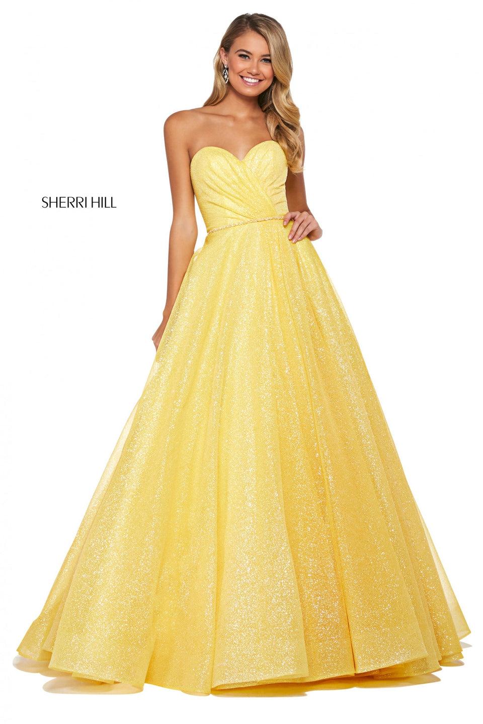 Sherri Hill Glitter Organza Ball Gown With Ruched Bodice With Strapless Sweetheart Neckline And Thin Beaded Belt
