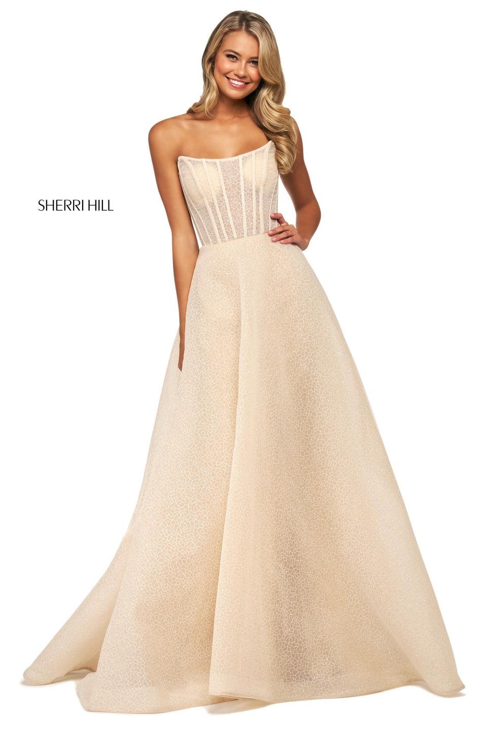 sherri hill Glitter scale print organza A-line gown with sheer boned bodice with bust padding and strapless neckline