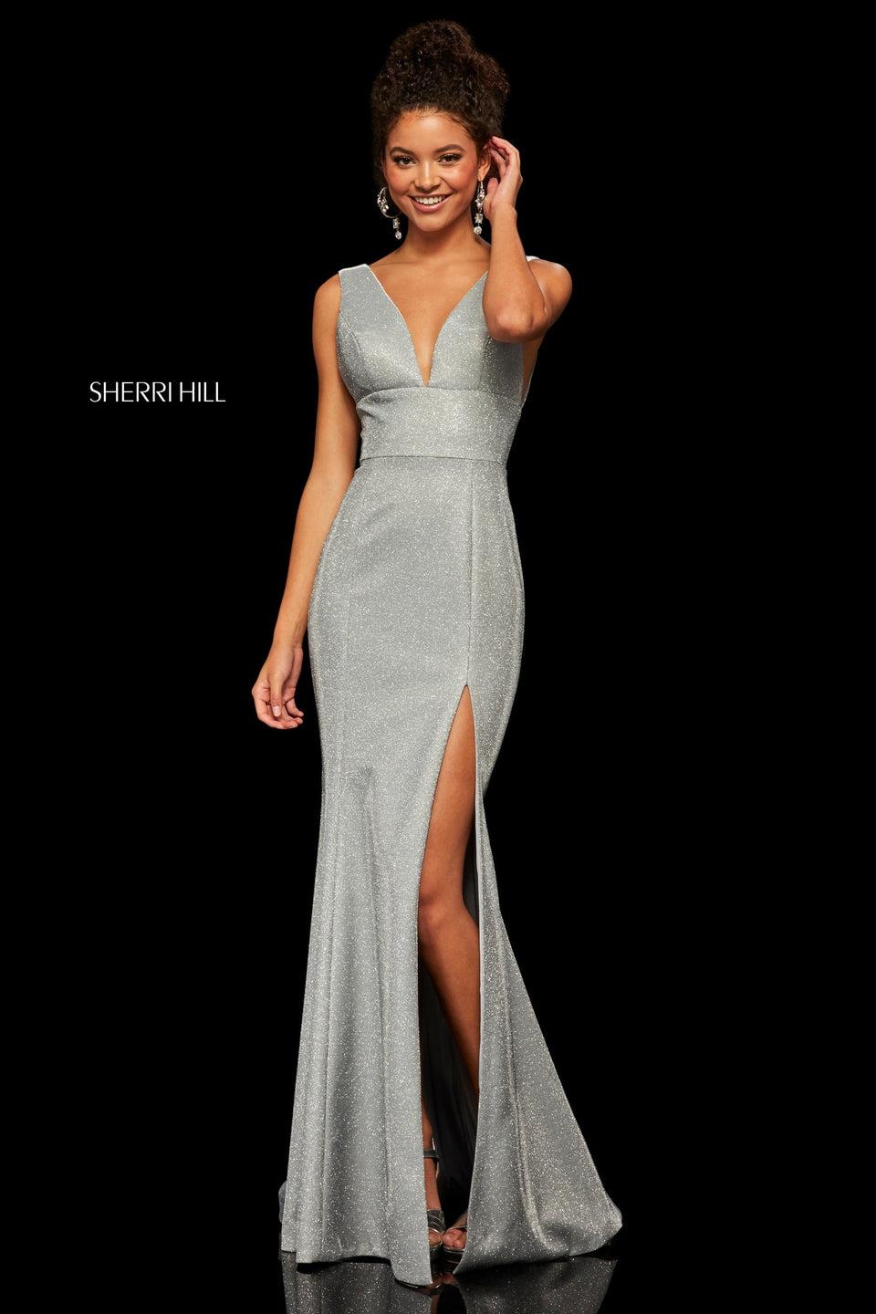 sherri hill Glitter stretch dress with plunging deep-V neckline