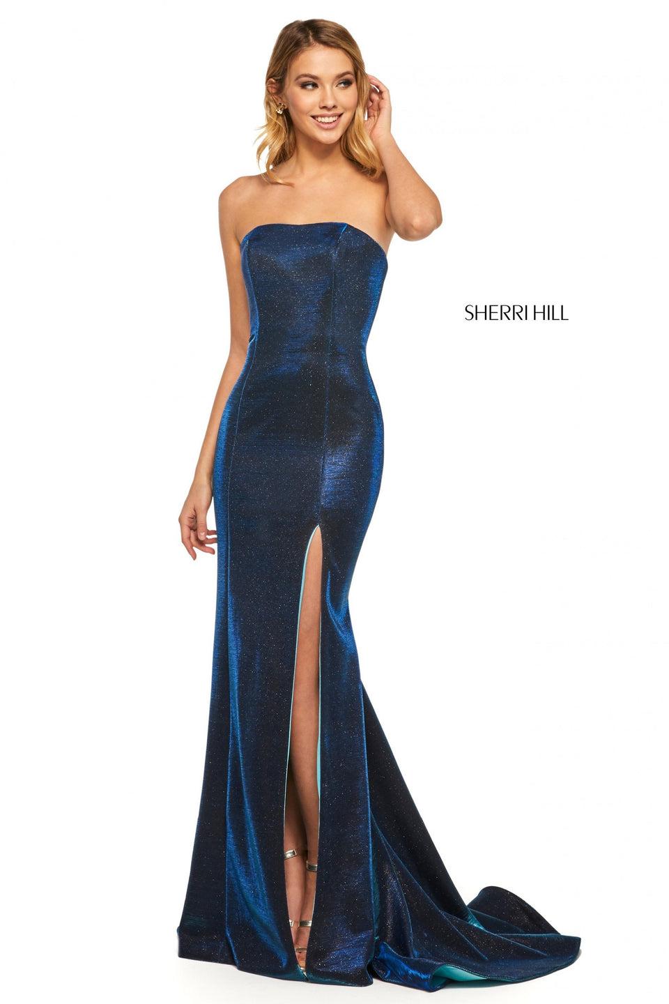 sherri hill Glitter stretch strapless mermaid gown with a slit