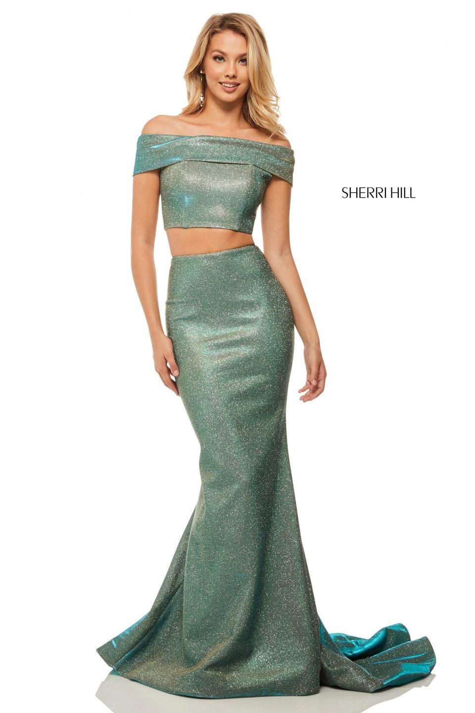 Sherri Hill Glitter Stretch Two-piece With Off-the-shoulder Top And Fit-and-flare Skirt