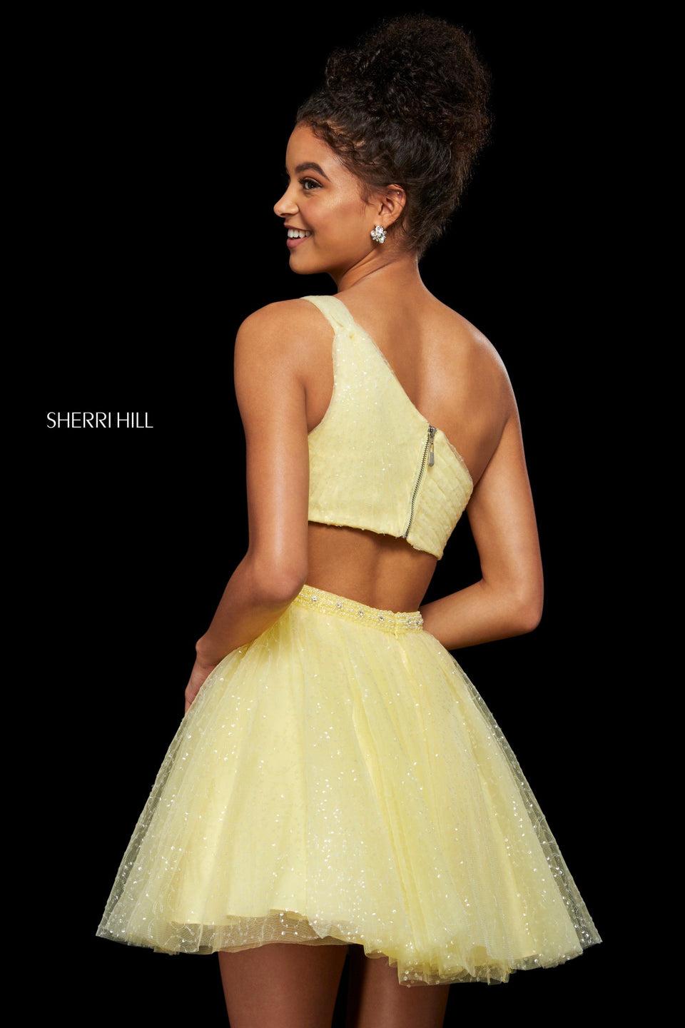 Sherri Hill Glitter Tulle A-line Cocktail Dress With One Shoulder Strap Beaded Belt And Cut Out Back