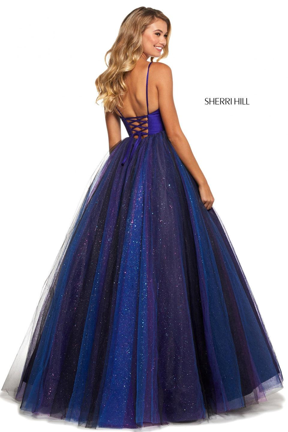 Sherri Hill Glitter Tulle Ball Gown With A Taffeta Bodice With Deep Neckline And Corset Style Lace Up Back
