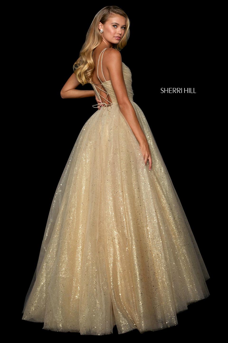 Sherri Hill Glitter Tulle Ball Gown With Ruched Wrap Bodice With V Neckline And Lace Up Back