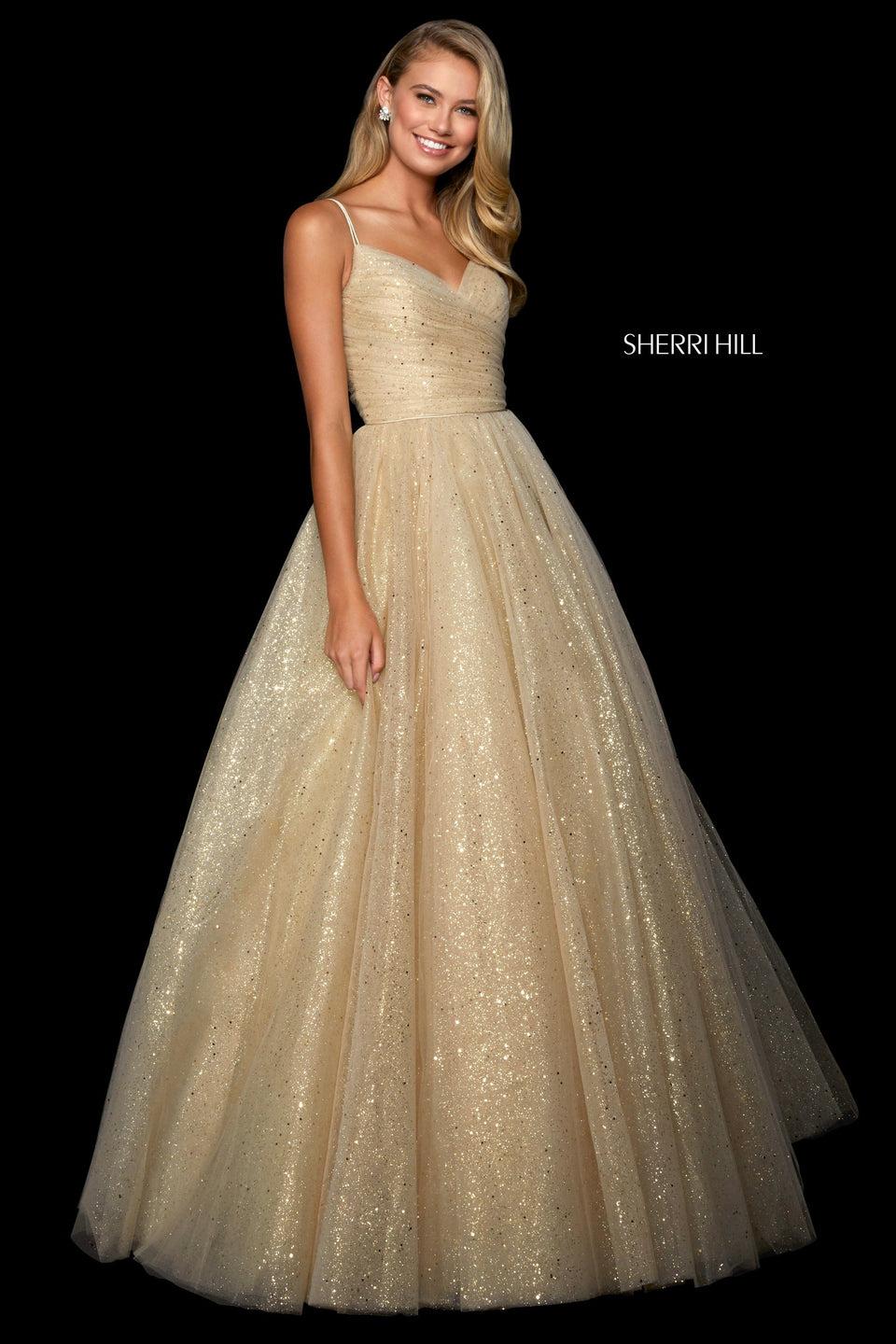 sherri hill Glitter tulle ball gown with ruched wrap bodice with V neckline and lace up back