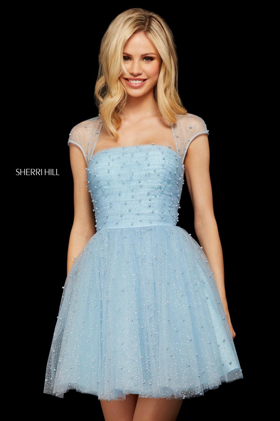 Sherri Hill Glitter Tulle Cocktail Dress With Cap Sleeves Pearl Beading And Open Back