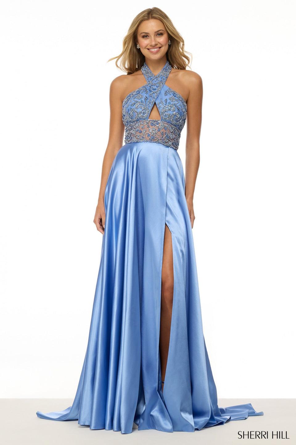 sherri hill Halter A-line gown with beaded bodice keyhole and silk skirt with slit