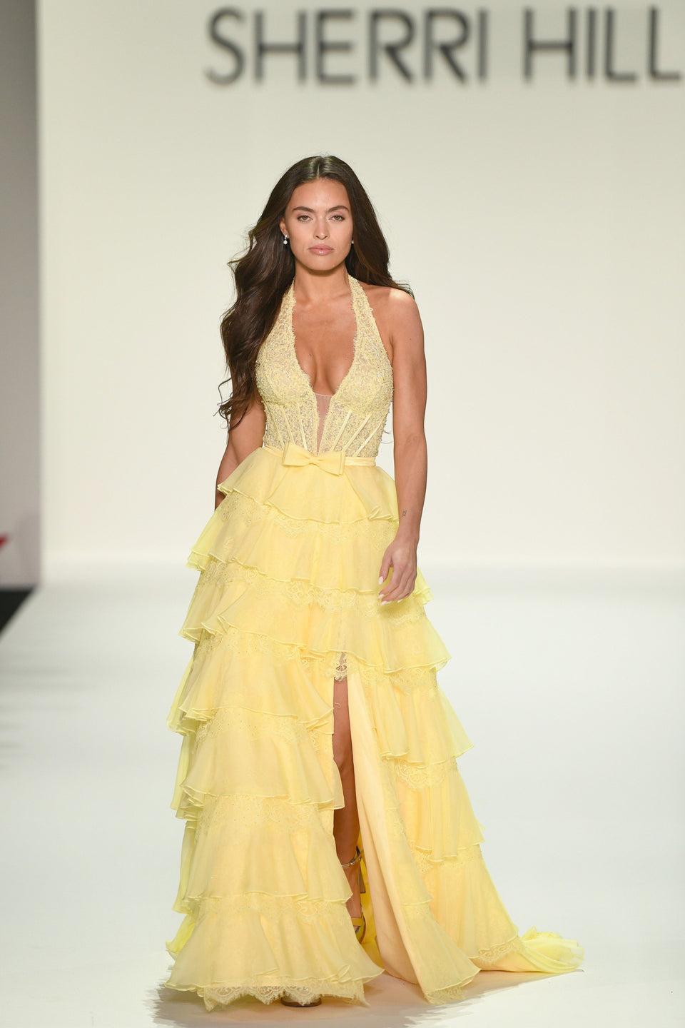 sherri hill Halter A-line gown with chiffon and lace ruffle skirt with slit