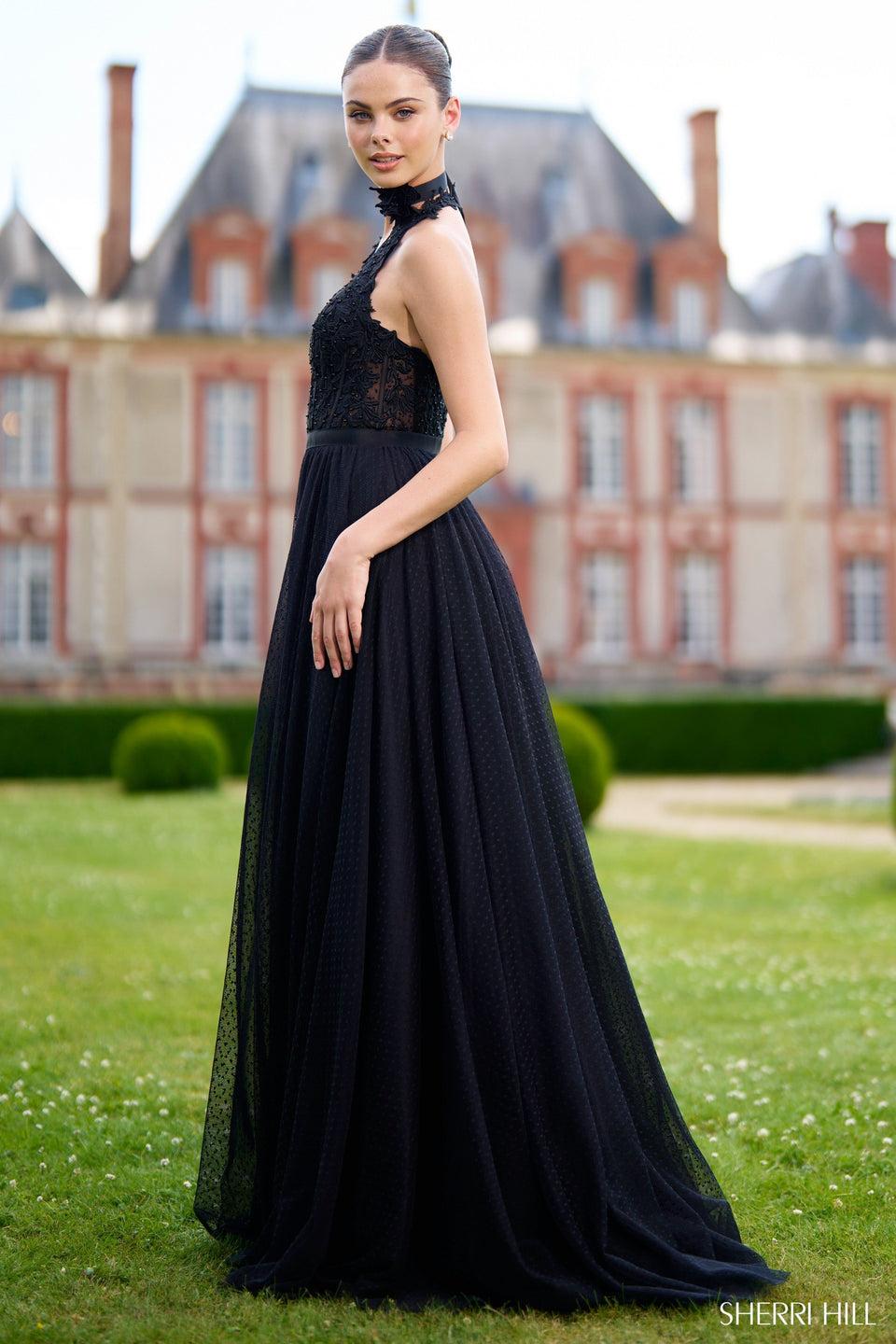 Sherri Hill Halter A-line Gown With Leaf Lace Top Polka Dot Skirt Plunging Deep V Neckline And A Choker