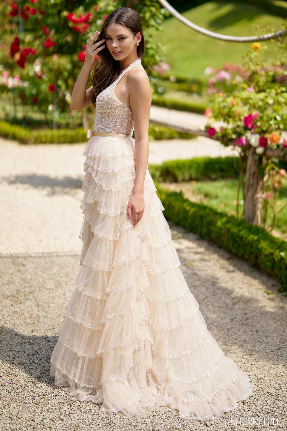 Sherri Hill Halter A-line Gown With Ruffle Beaded Skirt Slit And Pearl Embellished Top