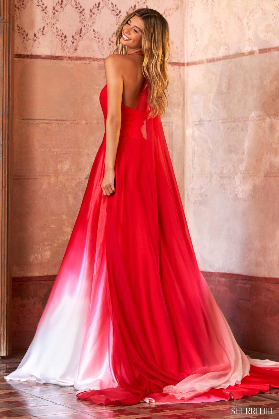 Sherri Hill Halter A-Line Satin Charmeuse Gown With Beaded Waistband And Ombre Skirt