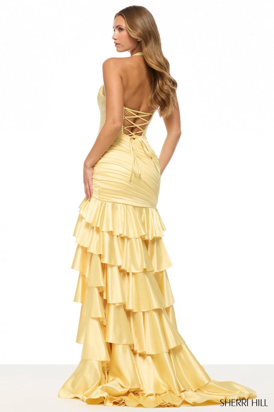 Sherri Hill Halter Fitted Gown With Hot Fix Corset Bodice And A Stretch Satin Skirt With Ruching Ruffles And A Slit