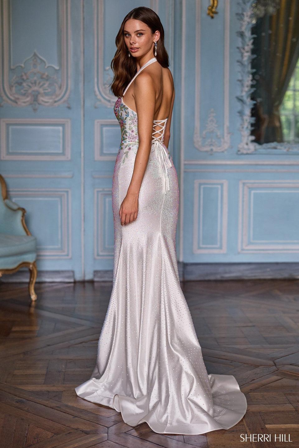 Sherri Hill Halter Fitted Hot Fix Gown With Lace Up Back