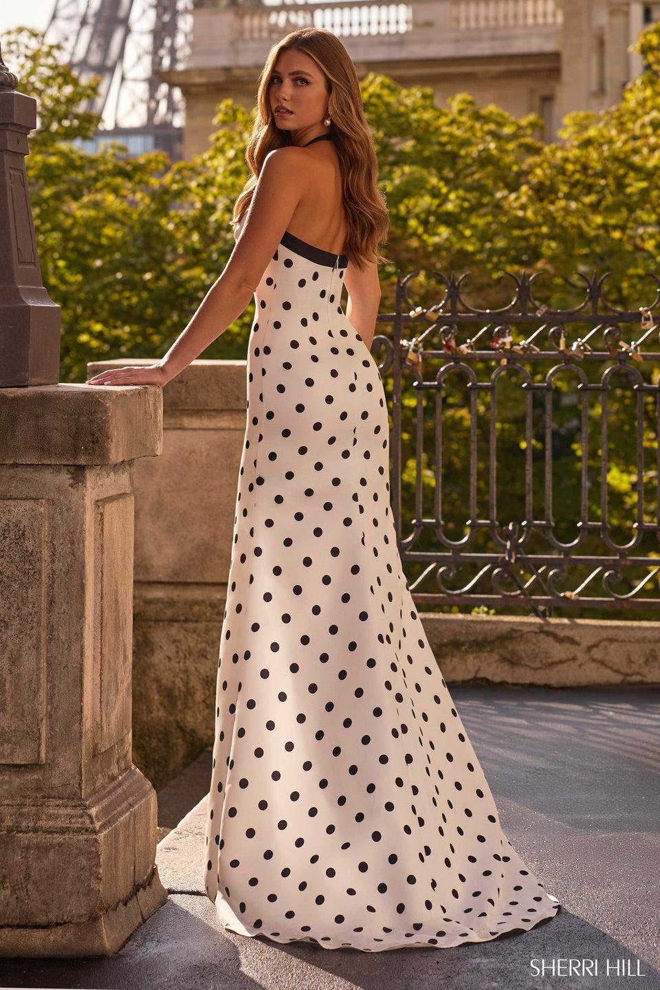 Sherri Hill Halter Fitted Polka Dot Gown With Skirt Slit