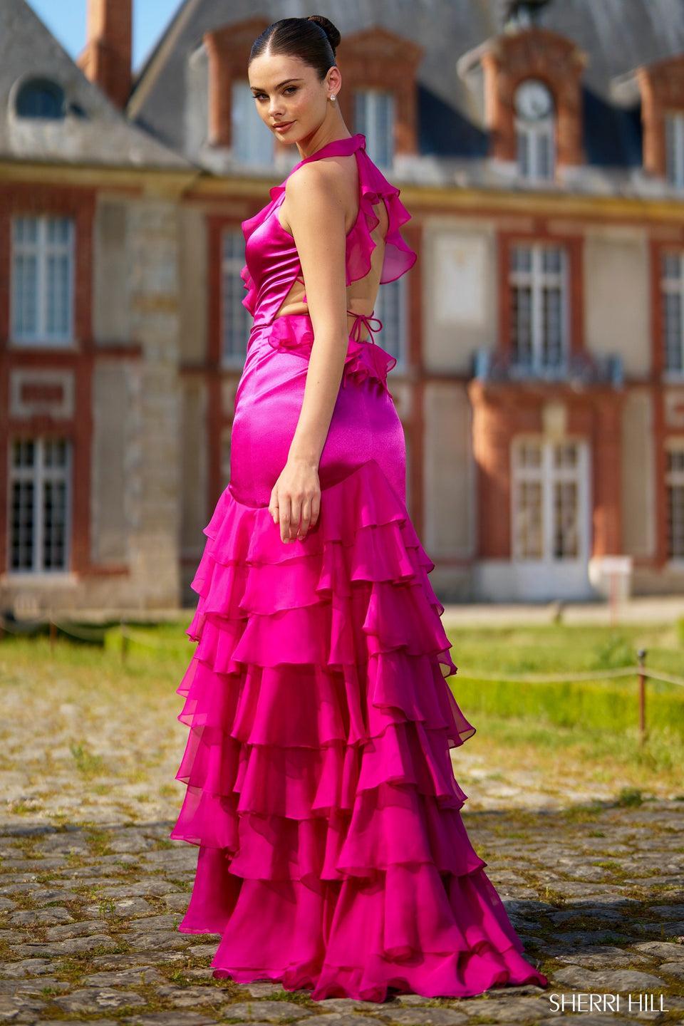 Sherri Hill Halter Fitted Silk Gown With Chiffon Ruffle Skirt With Slit