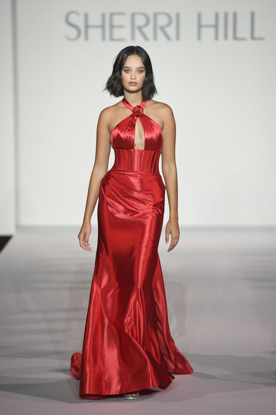 Sherri Hill Halter Fitted Silky Stretched Satin Gown With Corset Bodice And Rosette Embellishment