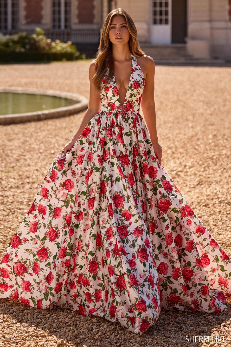 Sherri Hill Halter Floral Gown With Plunging Deep V Neckline And A Skirt Slit