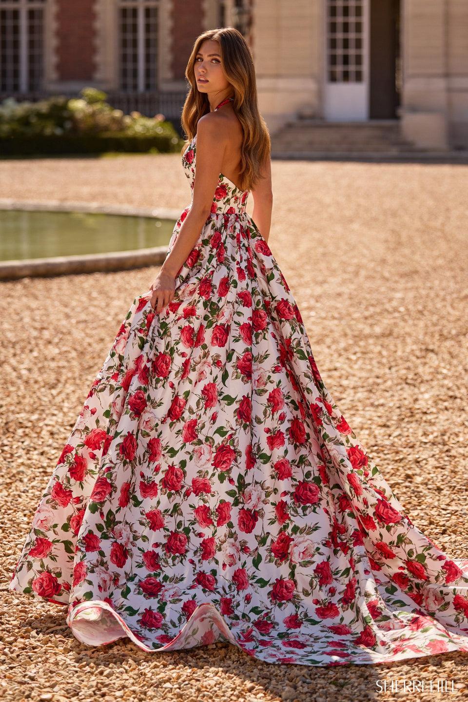 Sherri Hill Halter Floral Gown With Plunging Deep V Neckline And A Skirt Slit