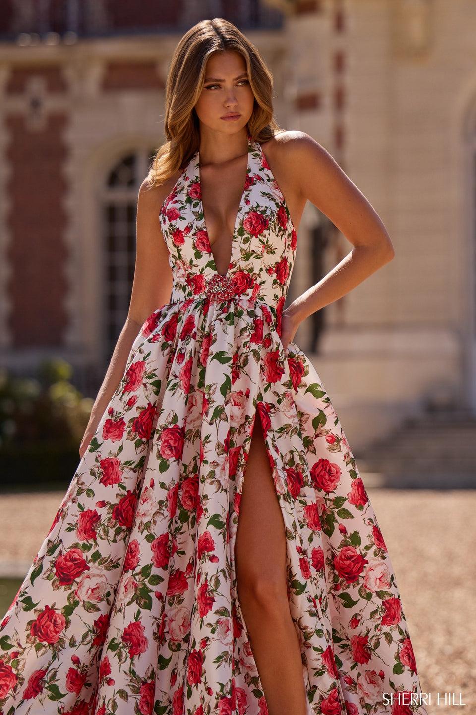 sherri hill Halter floral gown with plunging deep V neckline and a skirt slit