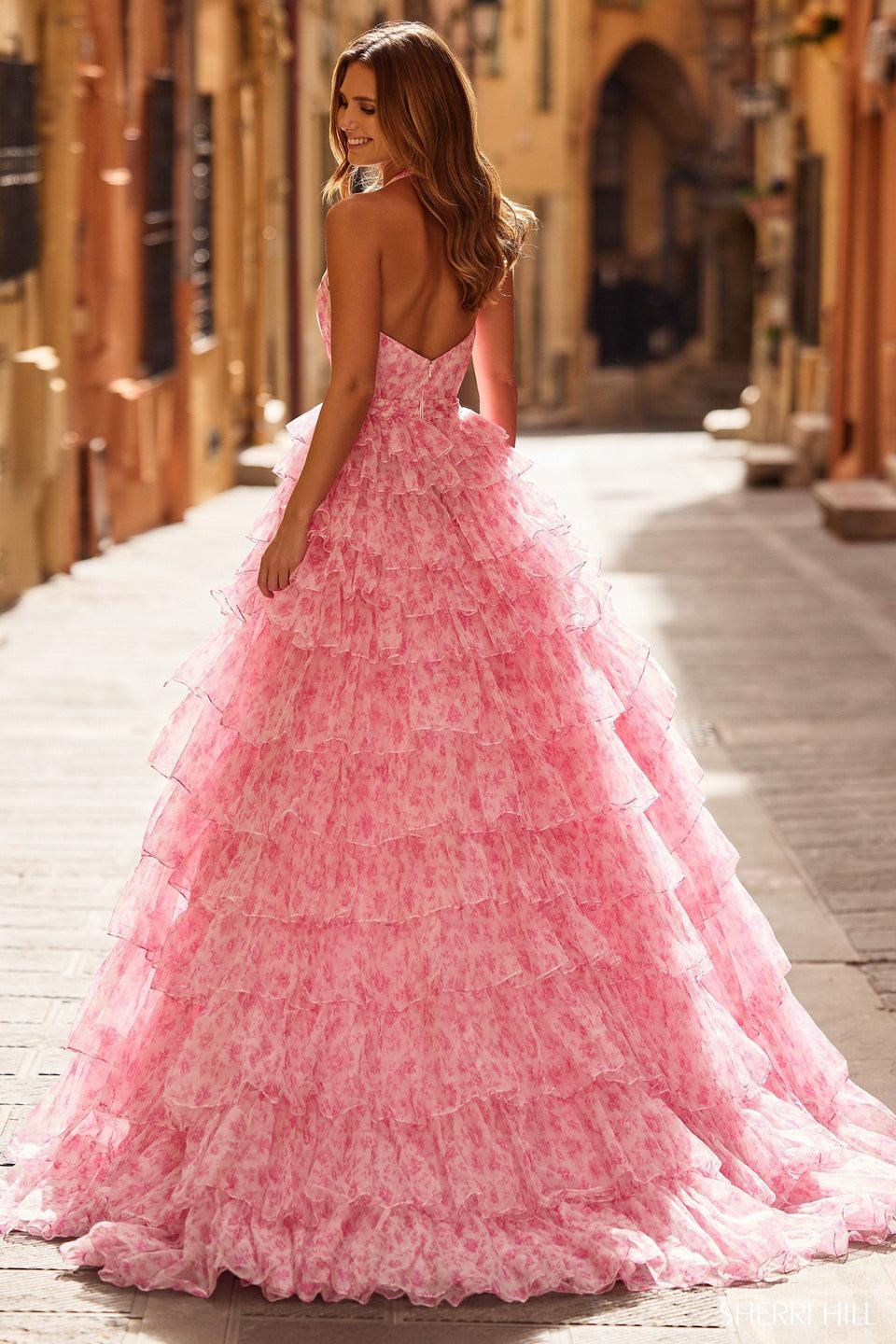 Sherri Hill Halter Floral Organza Ball Gown With Ruffle Slit Skirt And Open Back