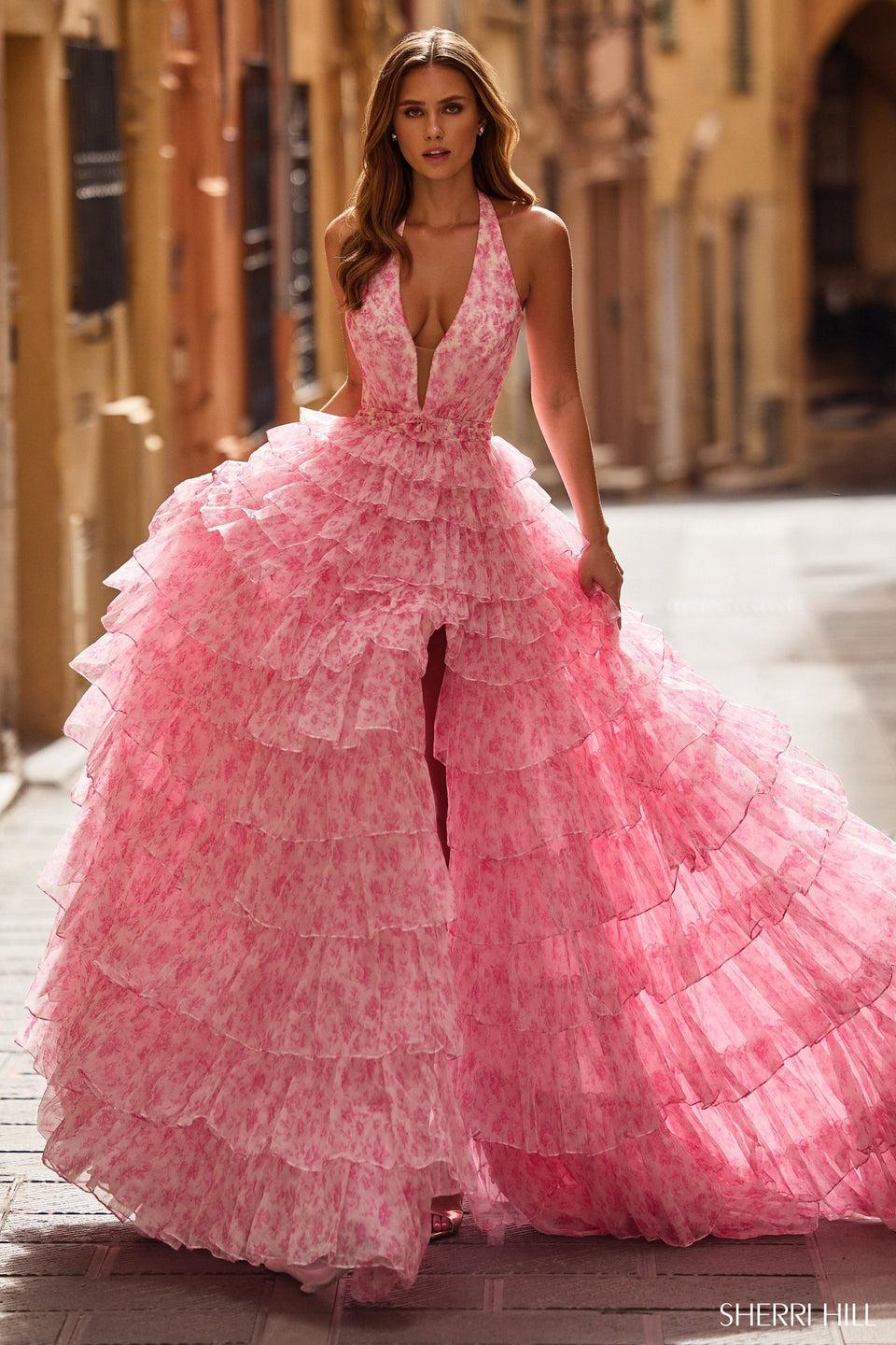 Sherri Hill Halter Floral Organza Ball Gown With Ruffle Slit Skirt And Open Back
