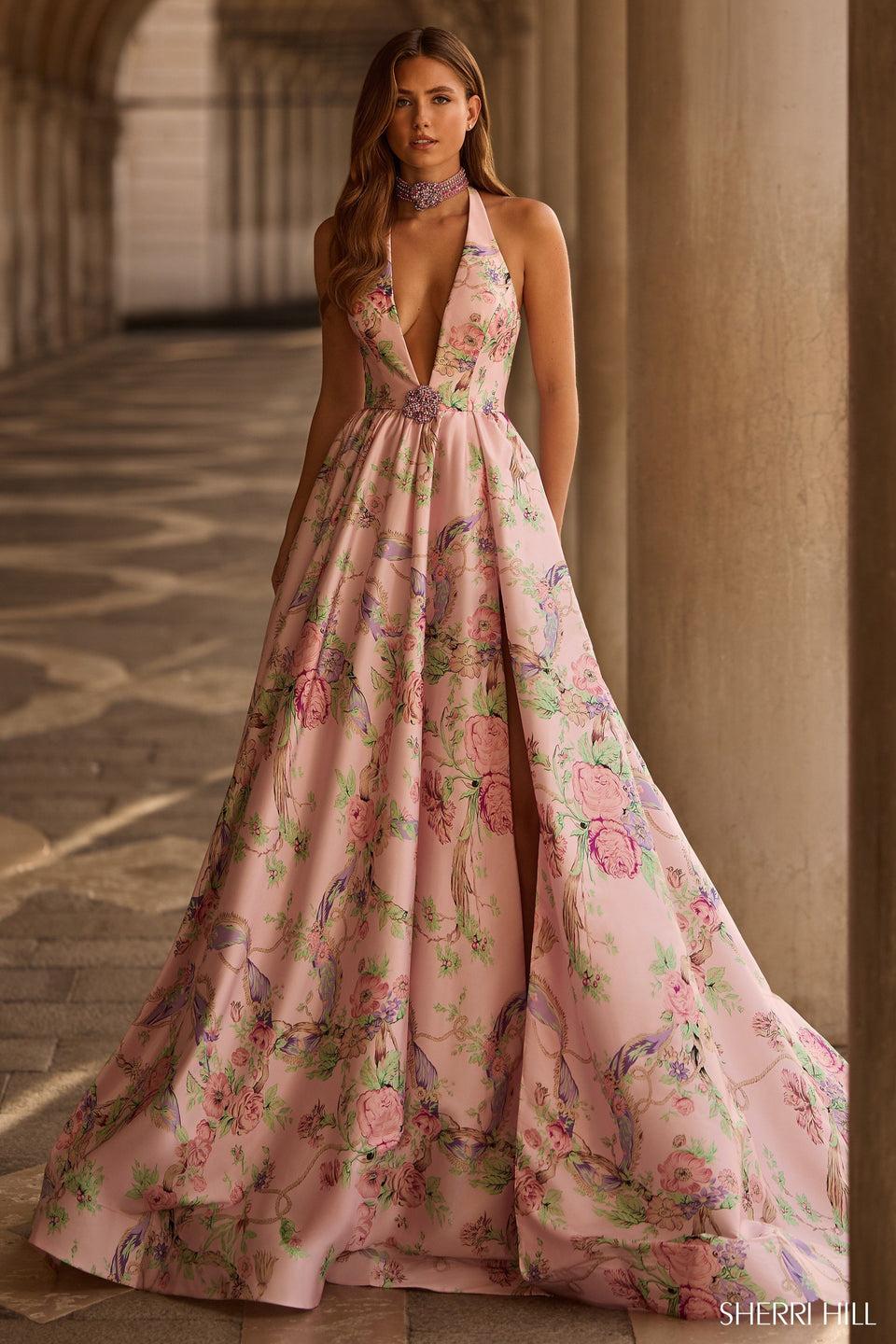 sherri hill Halter floral print gown with plunging deep V neckline and a skirt slit