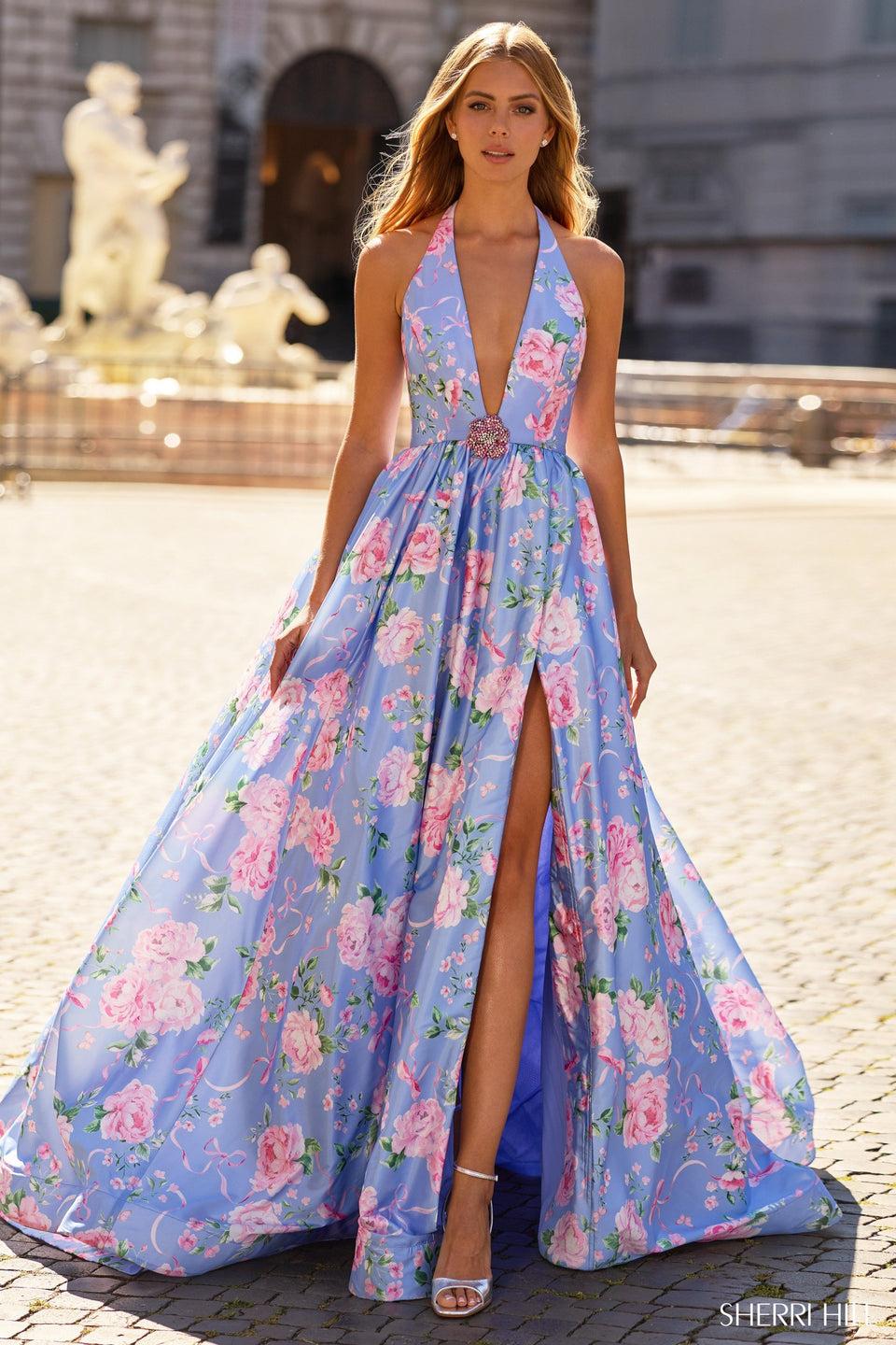sherri hill Halter floral print gown with plunging deep V neckline and a skirt slit