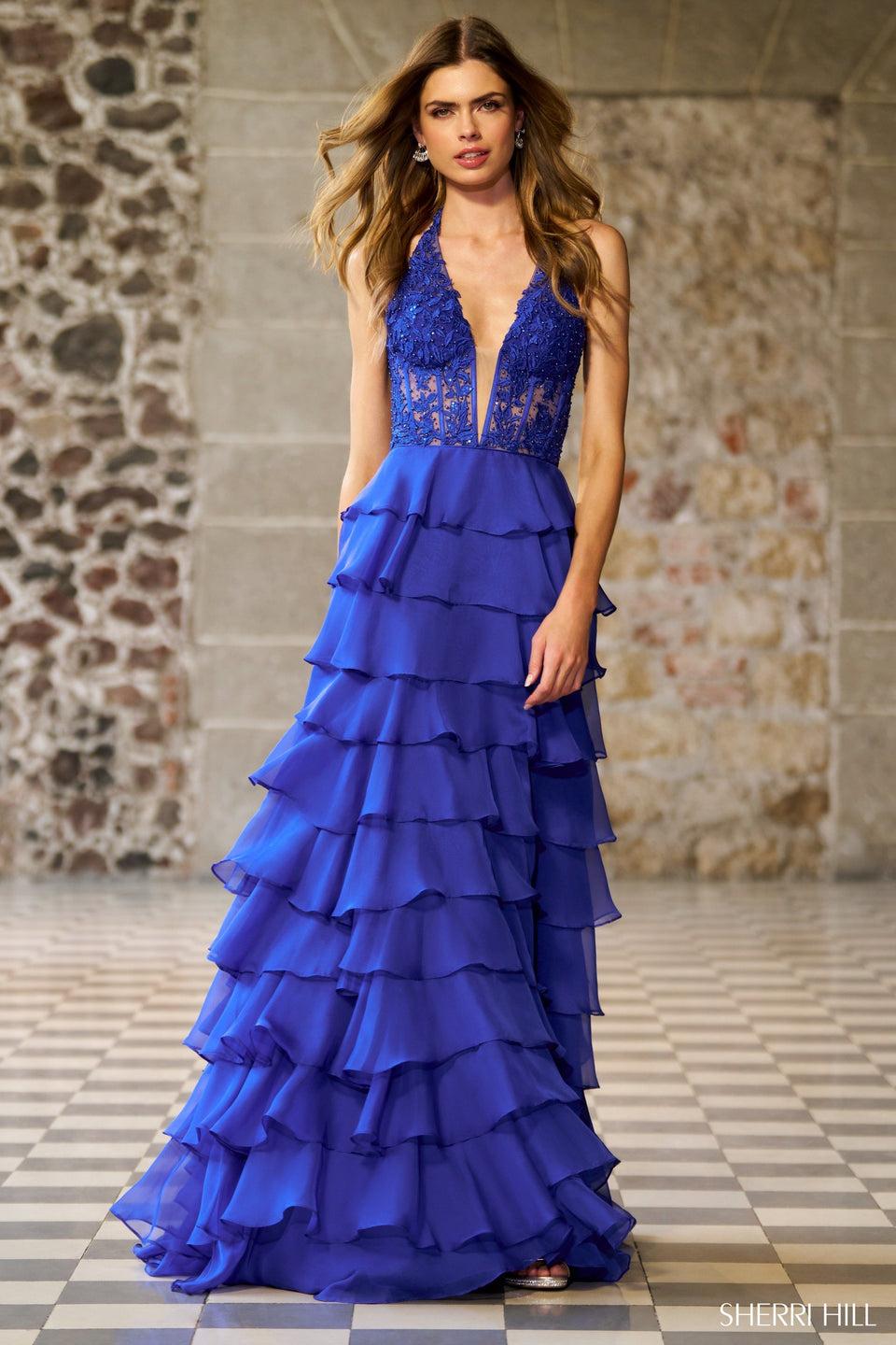 sherri hill Halter gown with leaf lace corset bodice and a ruffle chiffon skirt with slit
