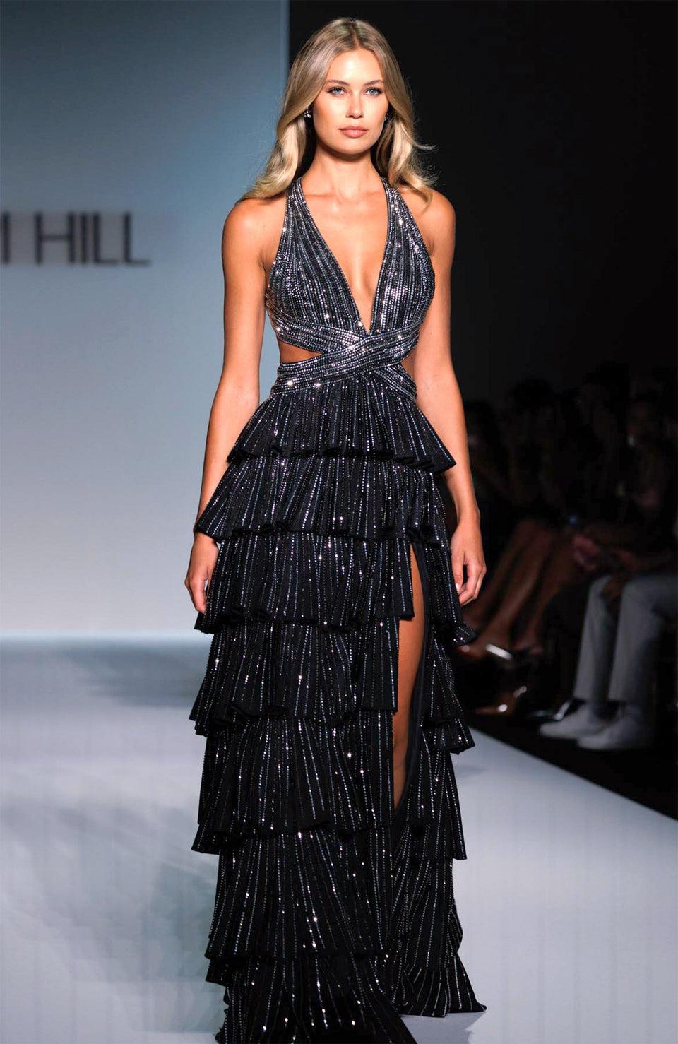 Sherri Hill Halter Hot Fix A-line Gown With Ruffle Skirt Side Cuts And Skirt Slit