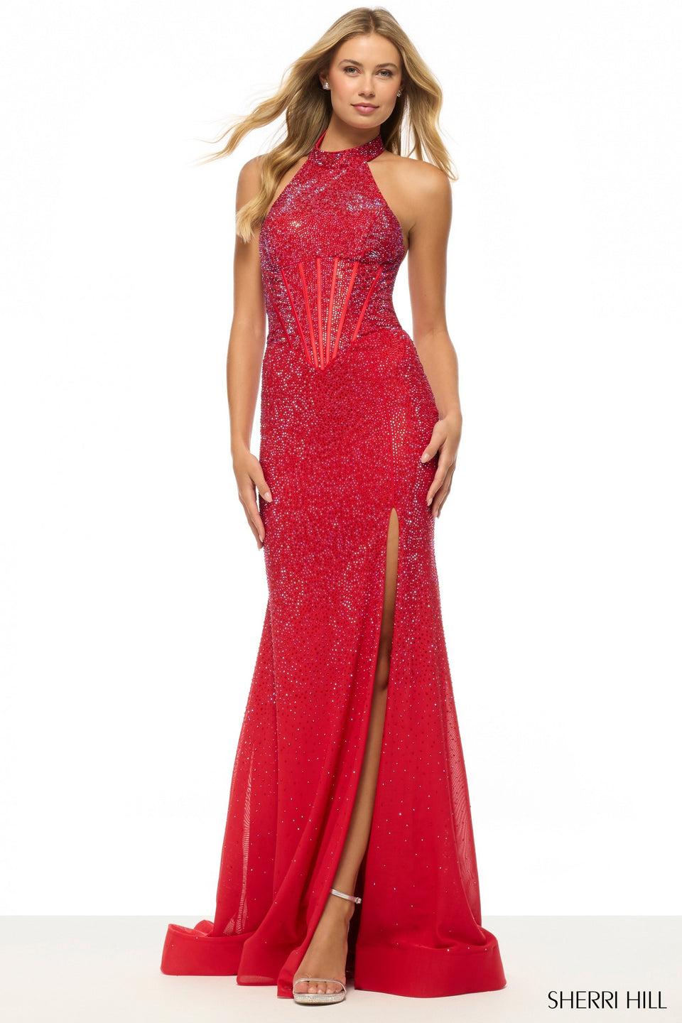 Sherri Hill Halter Hot Fix Fitted Gown With Corset Bodice And A Skirt Slit