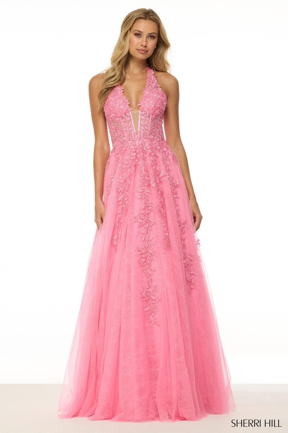 Sherri Hill Halter Leaf Lace A-line Gown With Deep V Neckline