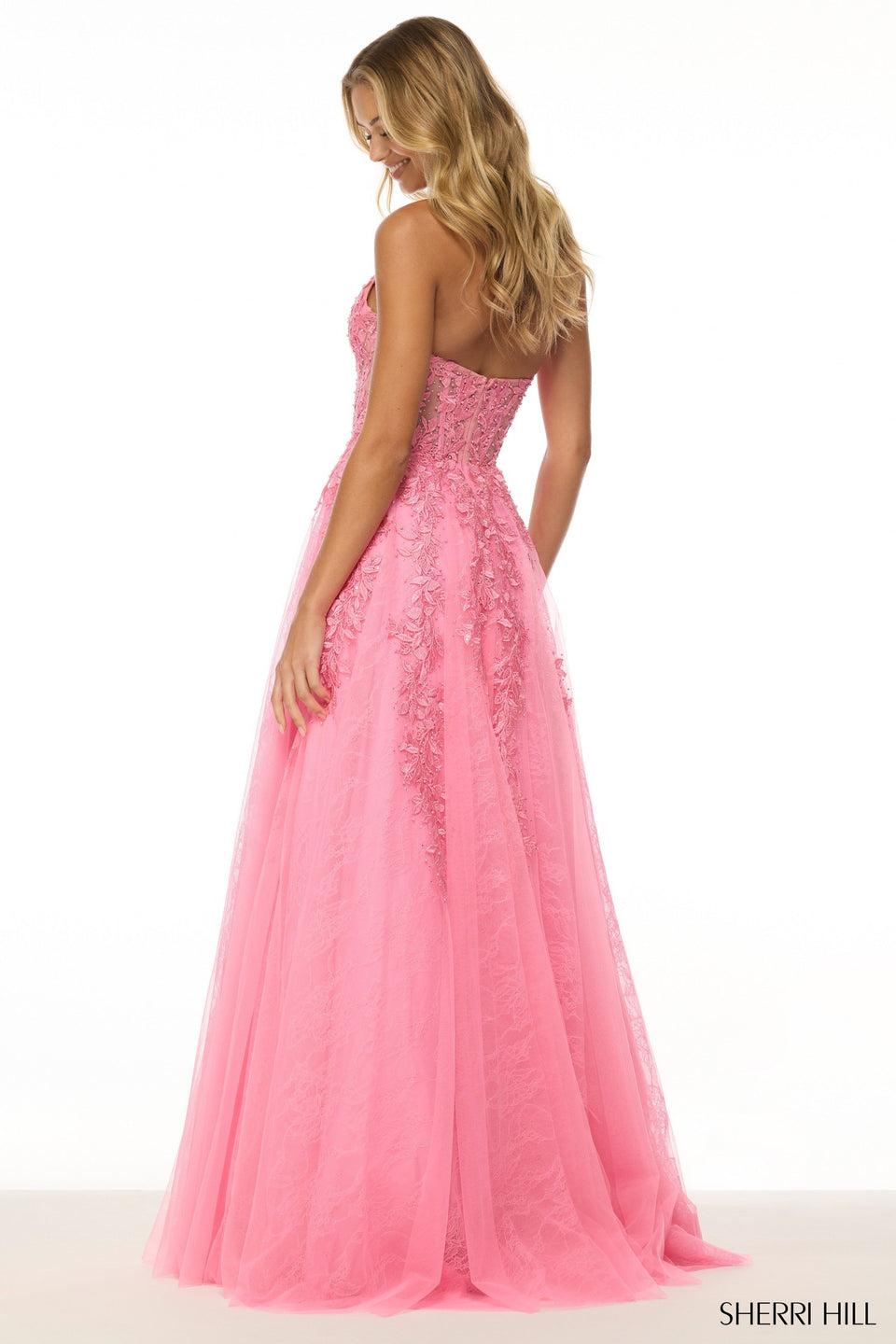 Sherri Hill Halter Leaf Lace A-line Gown With Deep V Neckline