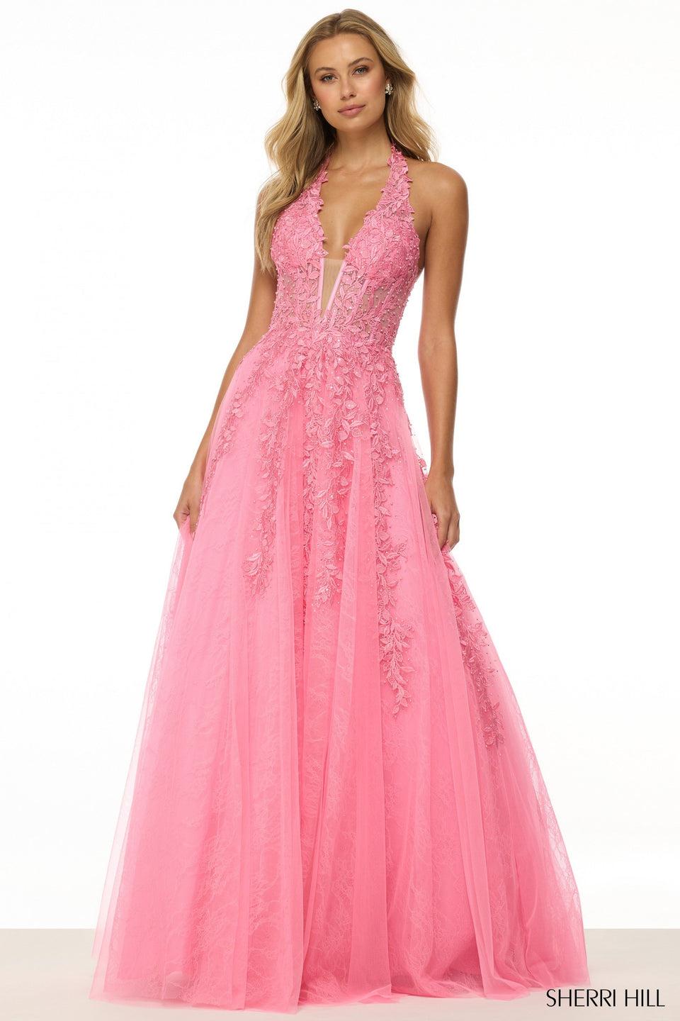 sherri hill Halter leaf lace A-line gown with deep V neckline
