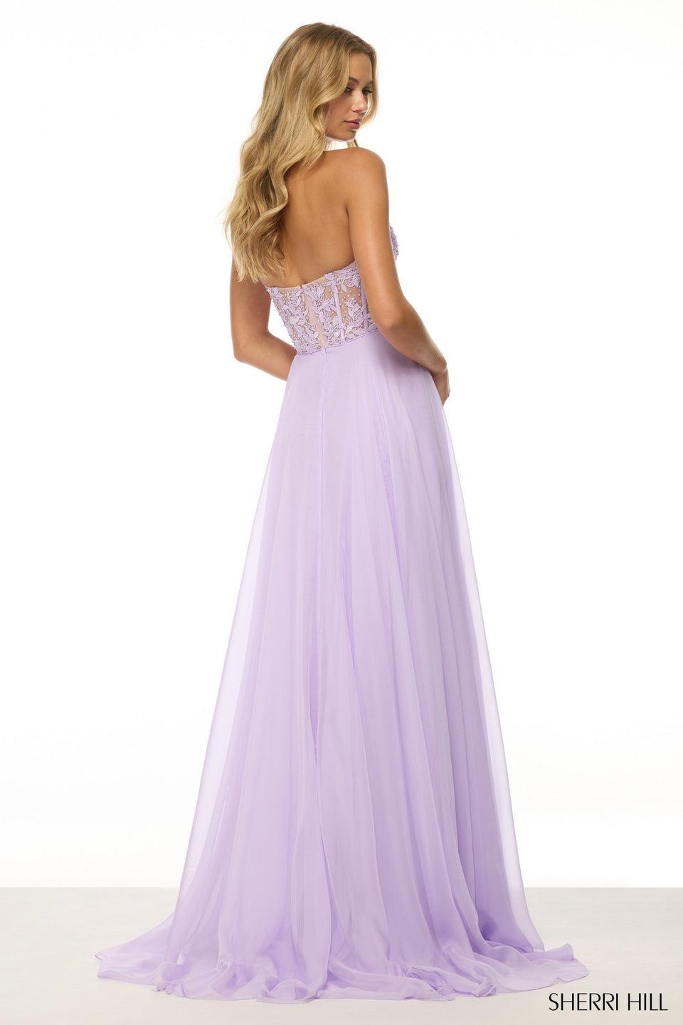 Sherri Hill Halter Leaf Lace Gown With Corset Bodice Deep V Neckline And Chiffon Skirt