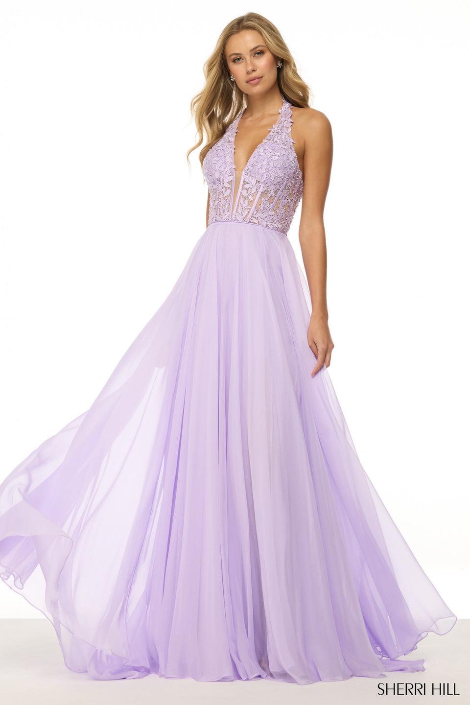 Sherri Hill Halter Leaf Lace Gown With Corset Bodice Deep V Neckline And Chiffon Skirt