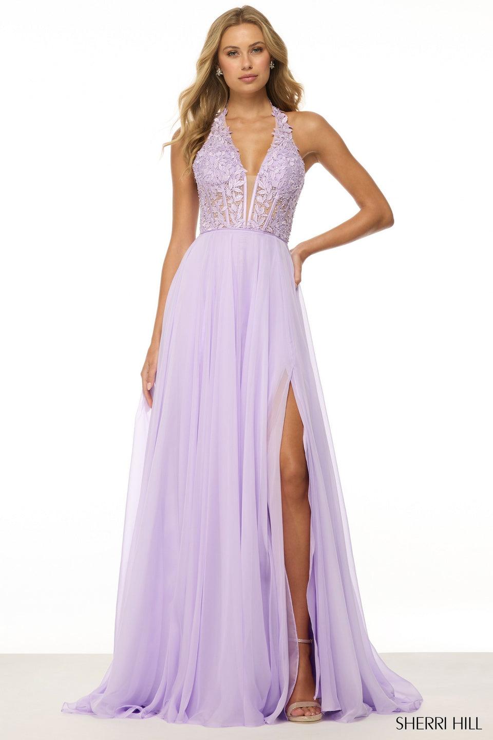 sherri hill Halter leaf lace gown with corset bodice deep V neckline and chiffon skirt