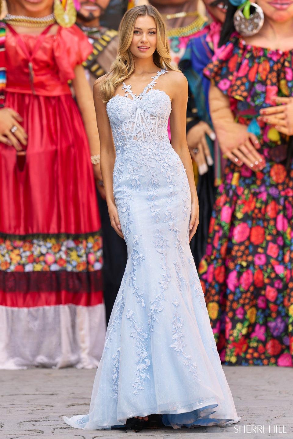 sherri hill Halter leaf lace mermaid gown with corset top