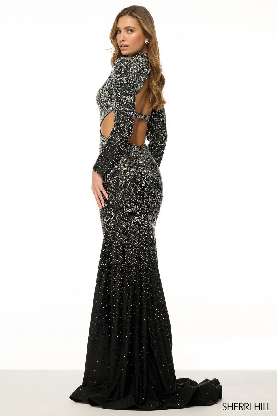 Sherri Hill Halter Long Sleeve Fitted Hot Stone Gown With Side Cuts And An Open Back