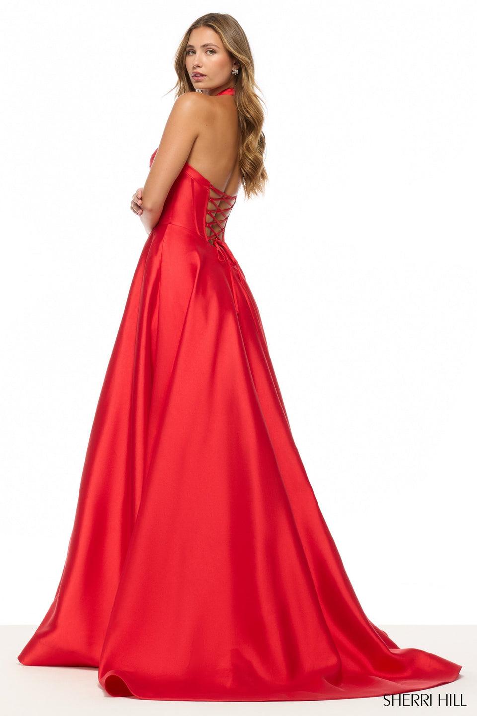 Sherri Hill Halter Mikado A-line Gown With Corset Bodice And Skirt Slit
