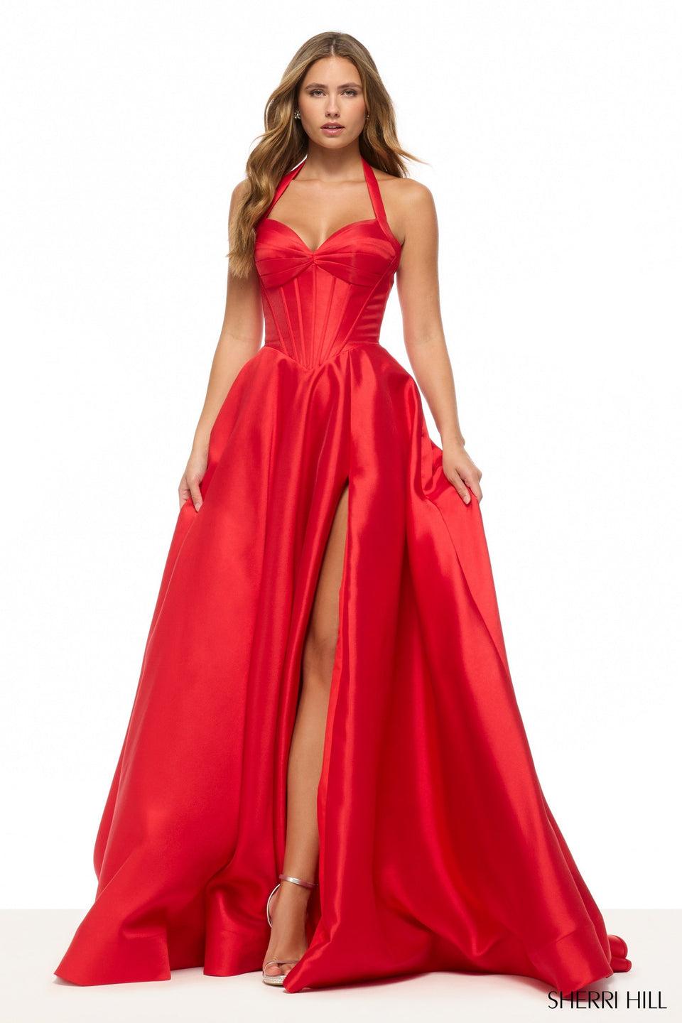 Sherri Hill Halter Mikado A-line Gown With Corset Bodice And Skirt Slit