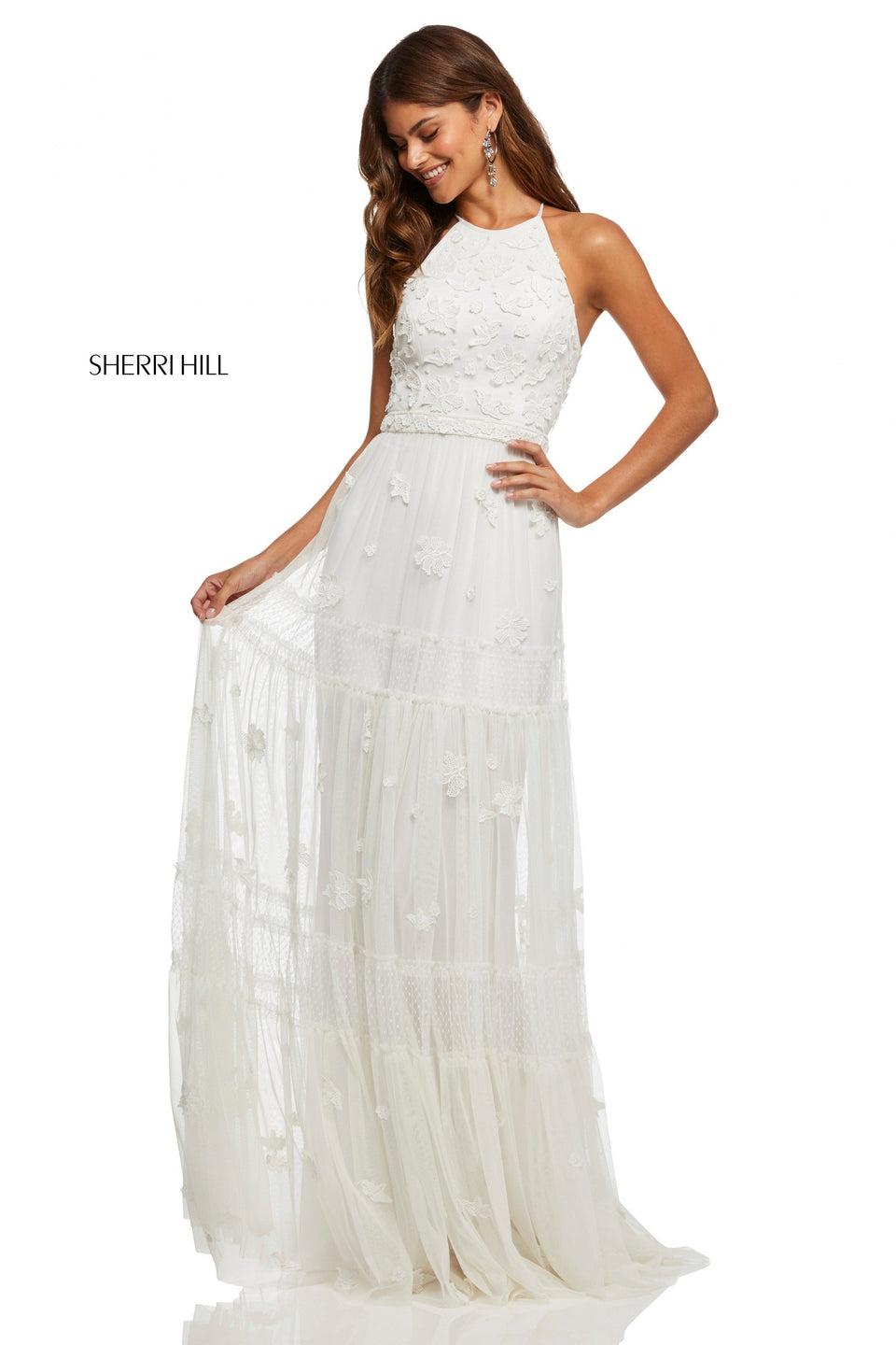 Sherri Hill Halter Neck Bodice With Chiffon And Point Desprit Skirt With 3D Appliques